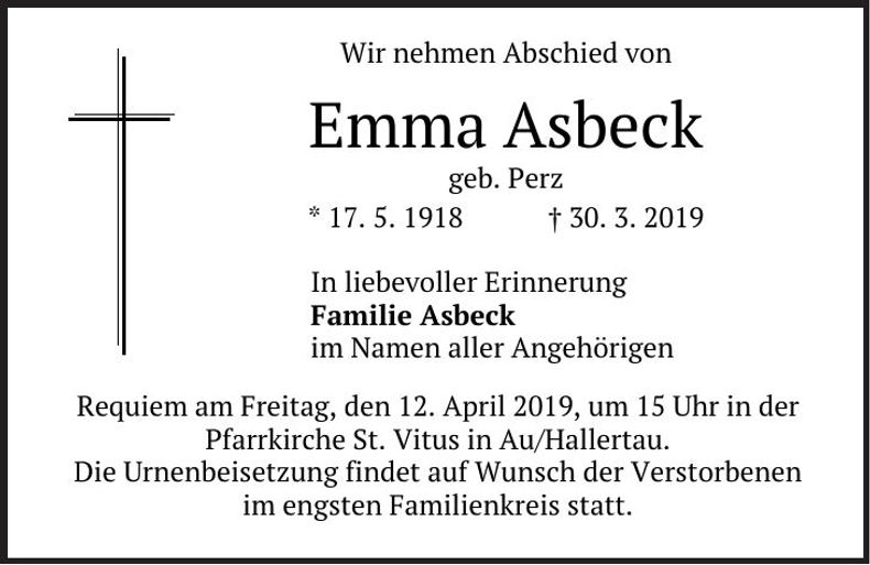 Traueranzeige Emma Asbeck