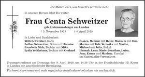 Traueranzeige Centa Schweitzer