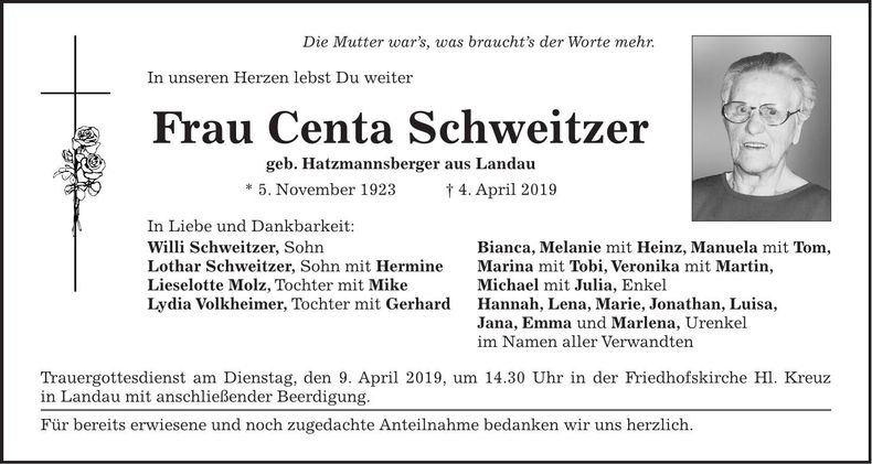 Traueranzeige Centa Schweitzer