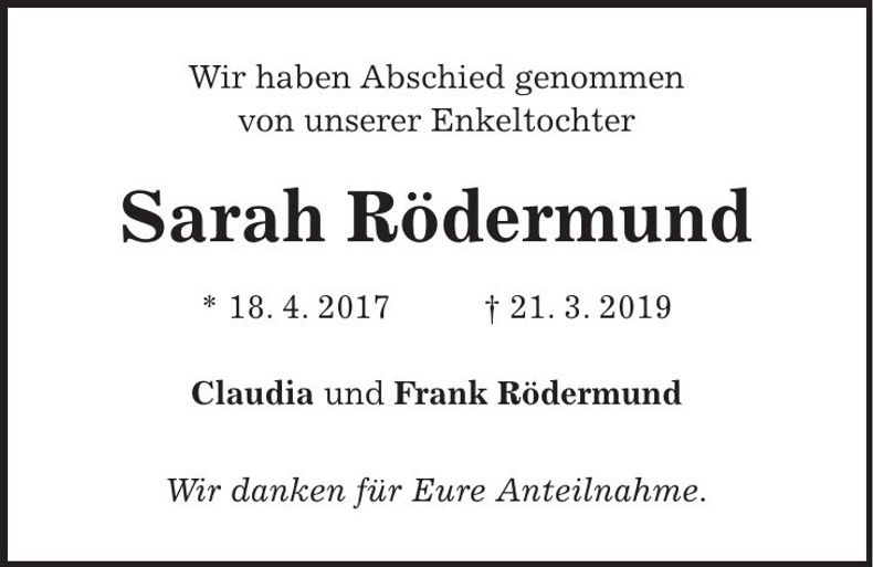 Traueranzeige Sarah Rödermund