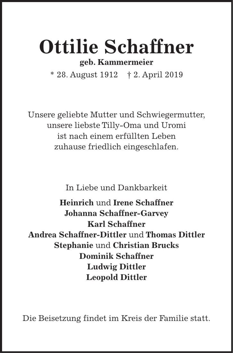 Traueranzeige Ottilie Schaffner