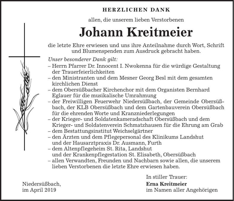 Traueranzeige Johann Kreitmeier