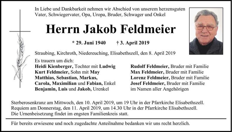 Traueranzeige Jakob Feldmeier