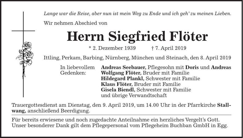 Traueranzeige Siegfried Flöter