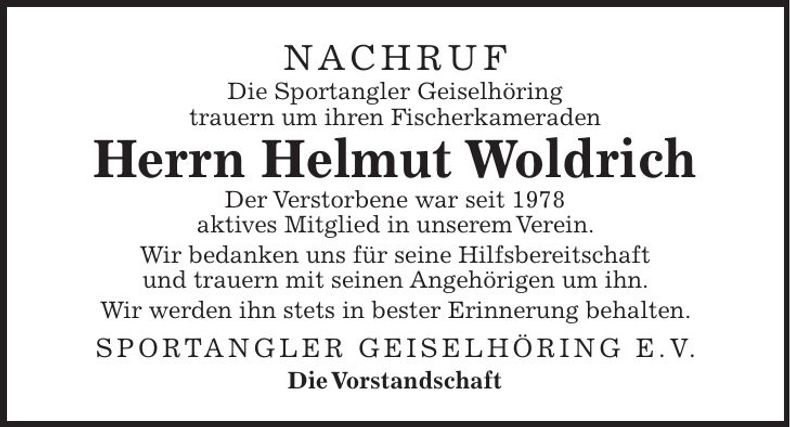 Traueranzeige Helmut Woldrich