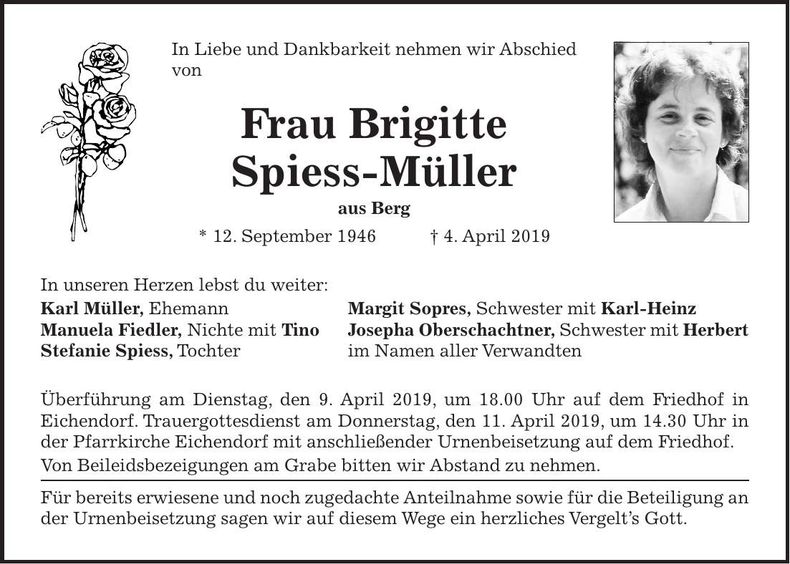 Traueranzeige Brigitte Spiess-Müller