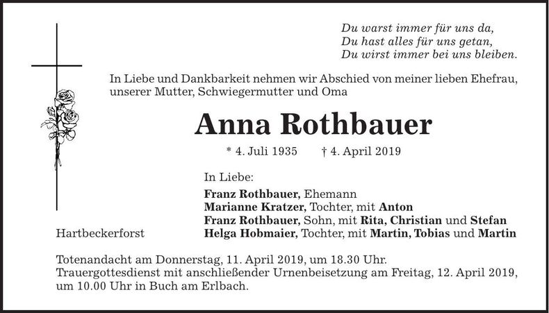 Traueranzeige Anna Rothbauer