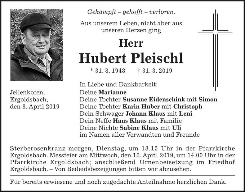 Traueranzeige Hubert Pleischl