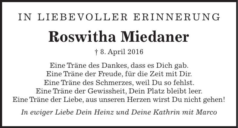 Traueranzeige Roswitha Miedaner