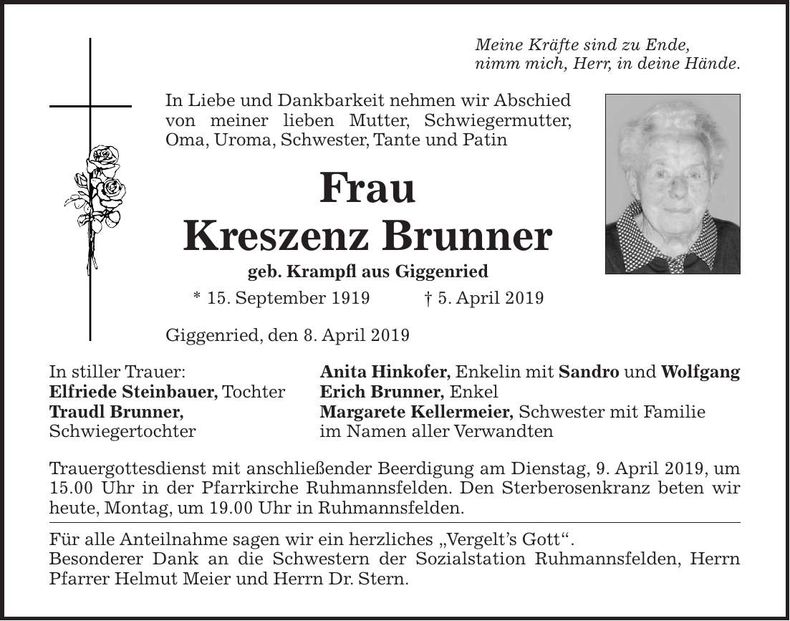 Traueranzeige Kreszenz Brunner