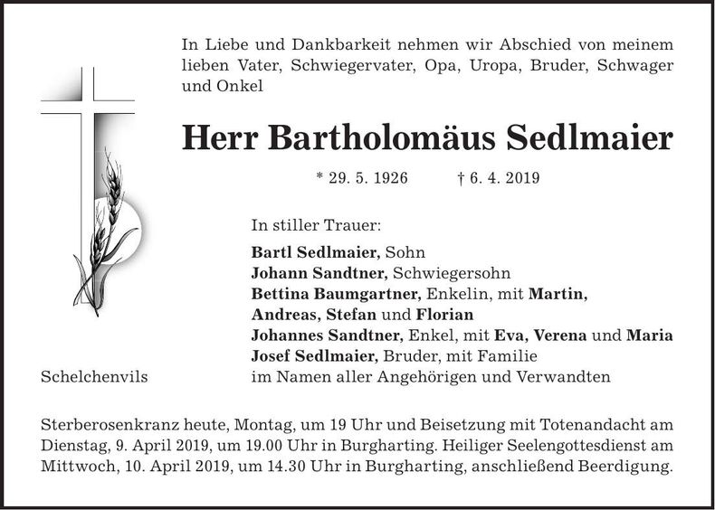 Traueranzeige Bartholomäus Sedlmaier