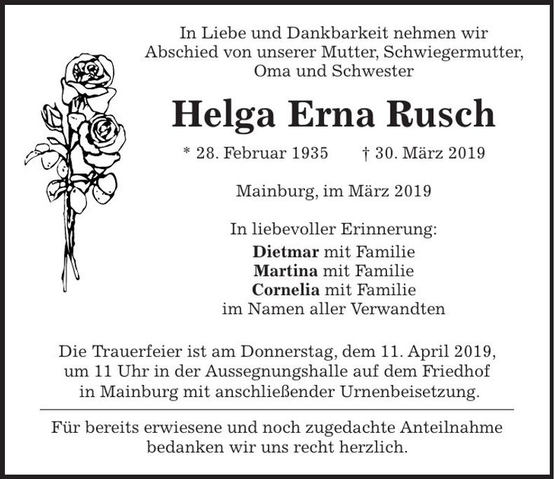 Traueranzeige Helga Erna Rusch