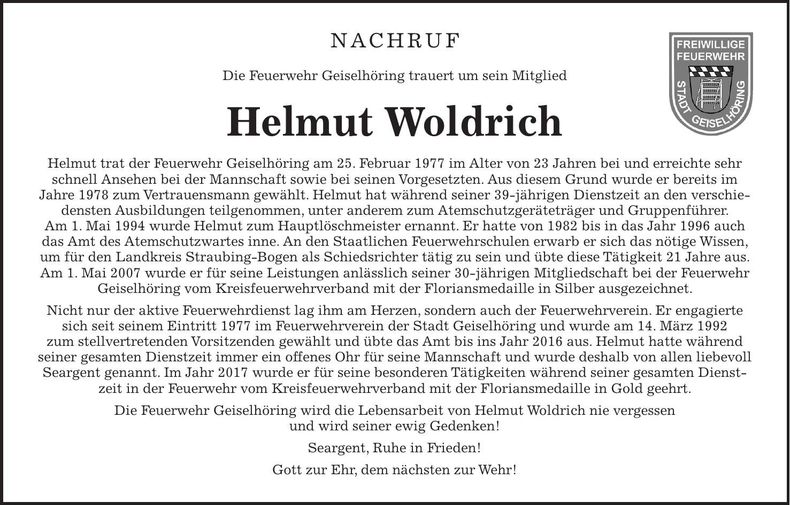 Traueranzeige Helmut Woldrich