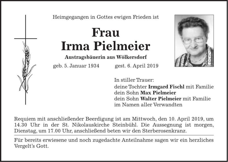 Traueranzeige Irma Pielmeier