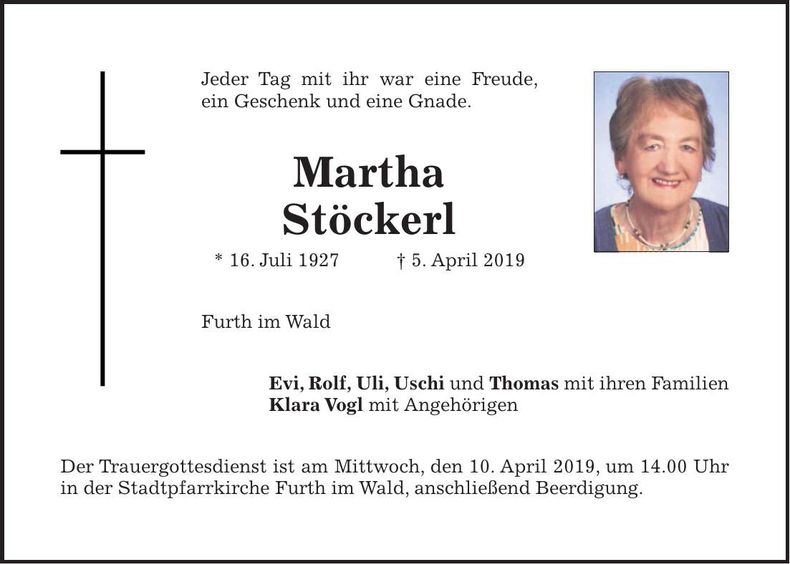 Traueranzeige Martha Stöckerl
