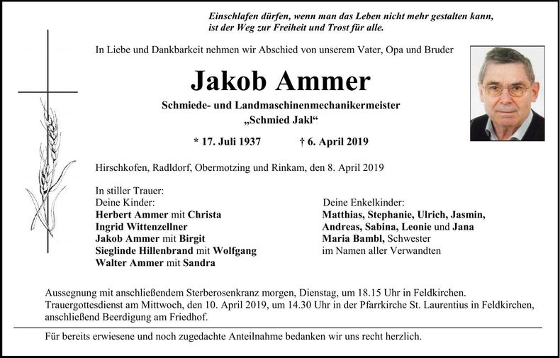 Traueranzeige Jakob Ammer