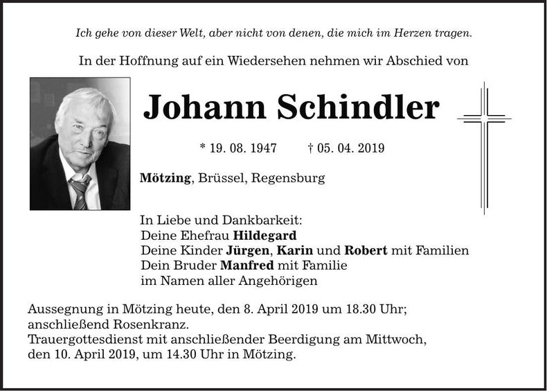 Traueranzeige Johann Schindler