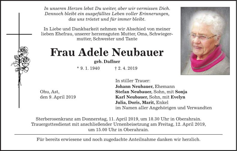 Traueranzeige Adele Neubauer