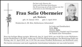 Traueranzeige Sofie Obermeier
