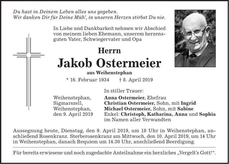 Traueranzeige Jakob Ostermeier