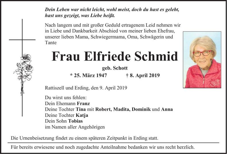Traueranzeige Elfriede Schmid