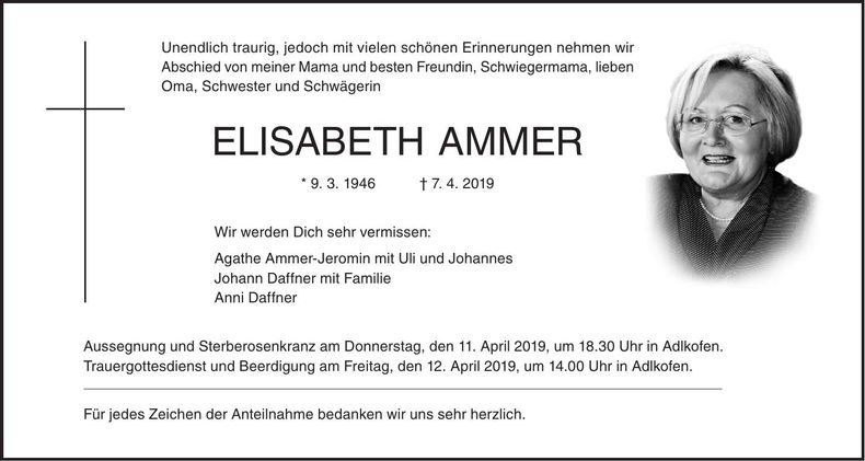 Traueranzeige Elisabeth Ammer