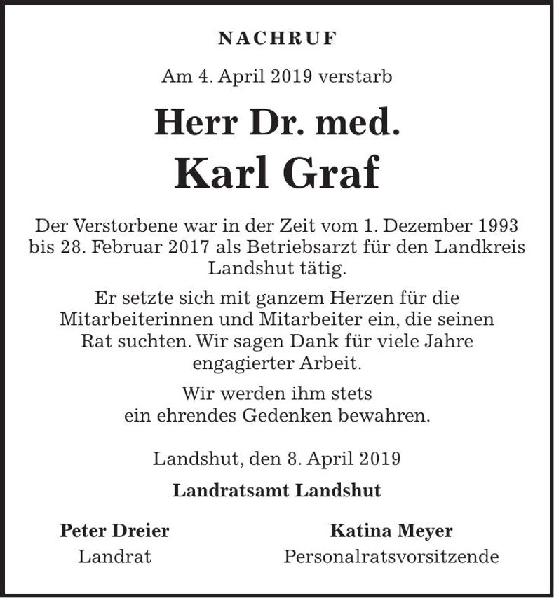 Traueranzeige Karl Dr. med. Graf