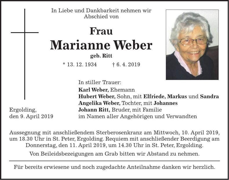 Traueranzeige Marianne Weber