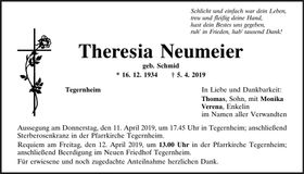 Traueranzeige Theresia Neumeier