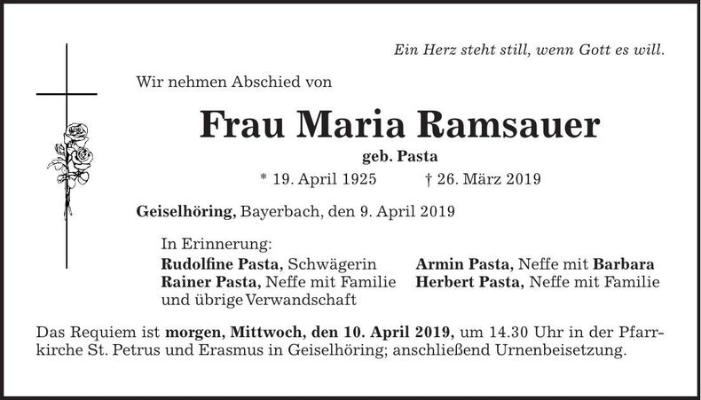 Traueranzeige Maria Ramsauer