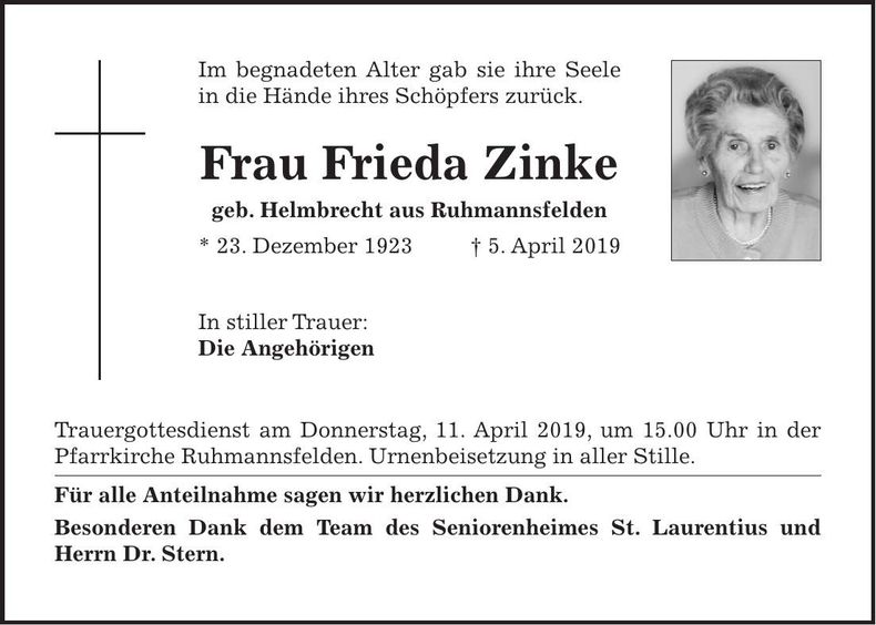 Traueranzeige Frieda Zinke