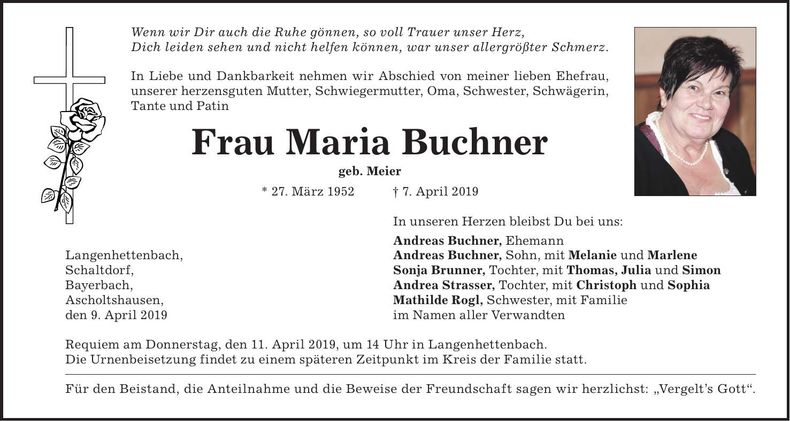 Traueranzeige Maria Buchner