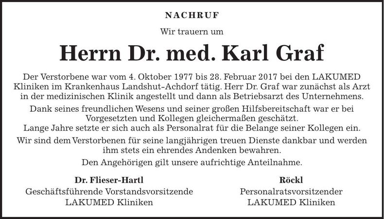 Traueranzeige Karl Dr. med Graf