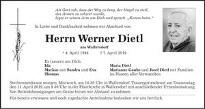 Traueranzeige Werner Dietl