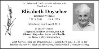 Traueranzeige Elisabeth Doyscher