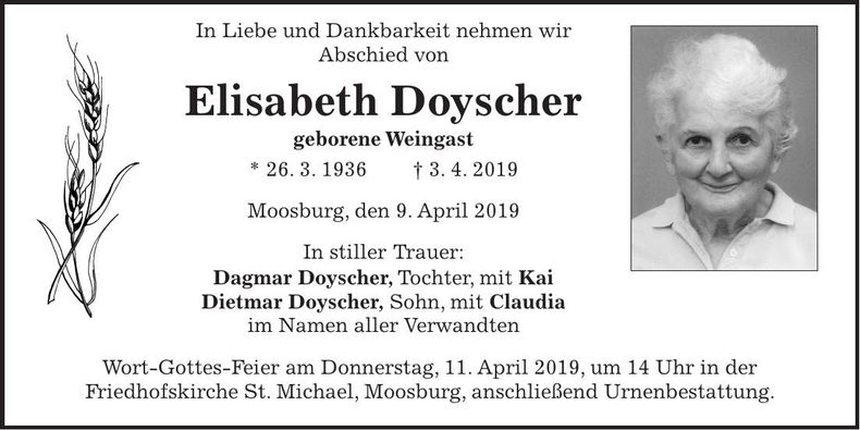 Traueranzeige Elisabeth Doyscher