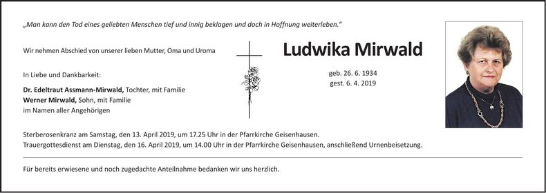 Traueranzeige Ludwika Mirwald
