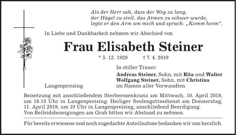 Traueranzeige Elisabeth Steiner
