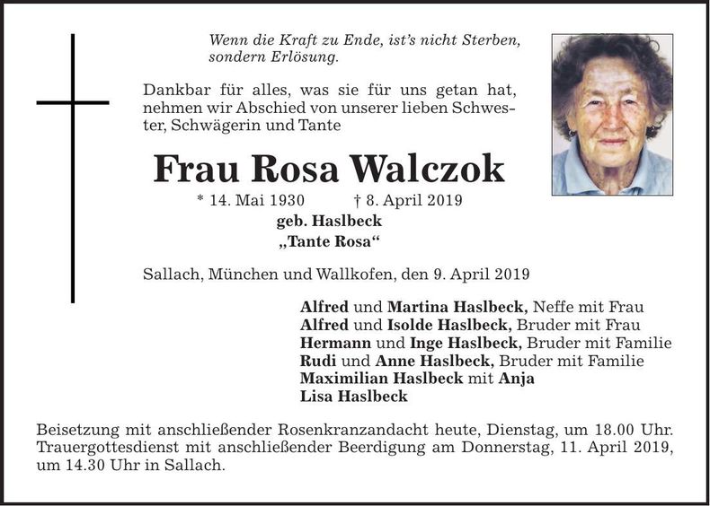 Traueranzeige Rosa Walczok