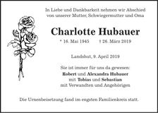 Traueranzeige Charlotte Hubauer