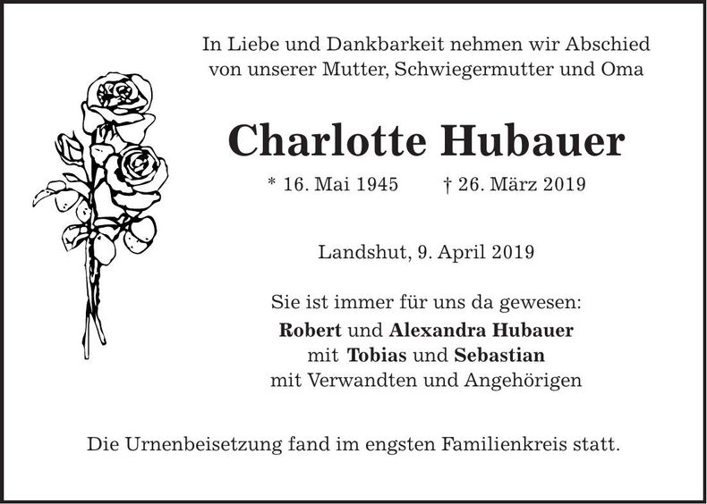 Traueranzeige Charlotte Hubauer