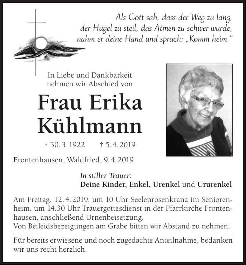 Traueranzeige Erika Kühlmann