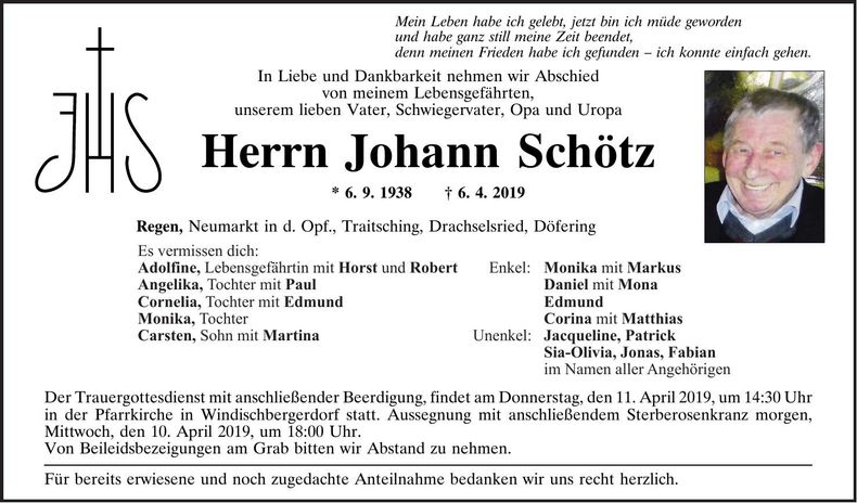 Traueranzeige Johann Schötz