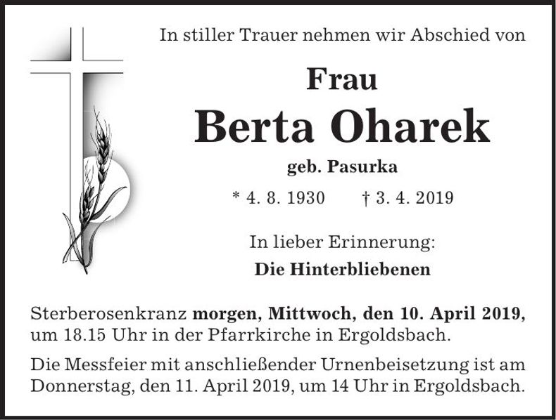 Traueranzeige Berta Oharek