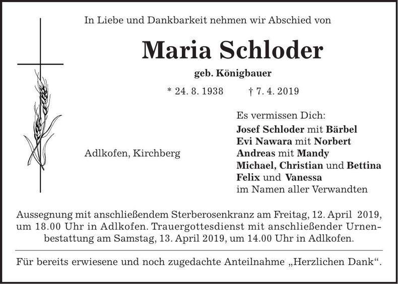 Traueranzeige Maria Schloder
