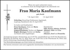 Traueranzeige Maria Kaufmann