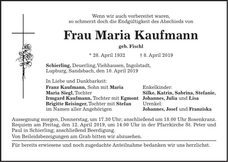 Traueranzeige Maria Kaufmann
