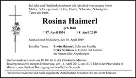 Traueranzeige Rosina Haimerl