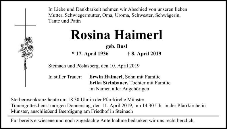 Traueranzeige Rosina Haimerl