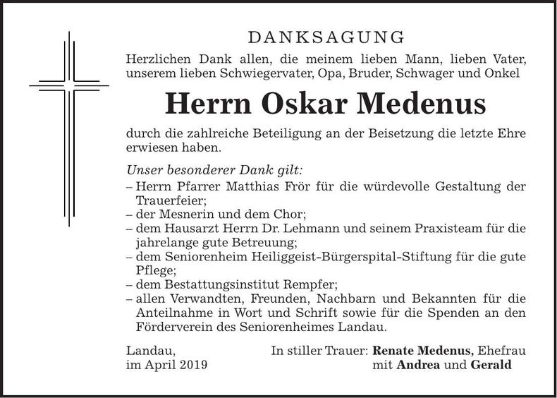 Traueranzeige Oskar Medenus